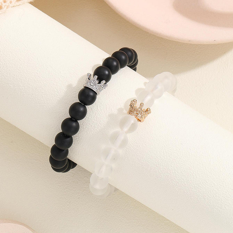 Fashion Jewelry 2pcs Handmade Crown Beaded Charms Bracelet Luminou Heart Glow In The Dark Couple Bracelet For Lovers.